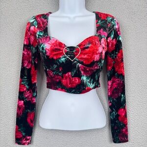 Madden NYC Top Women XS Dark Floral Velvet Crop Babydoll Rhinestone Fairy Y2K